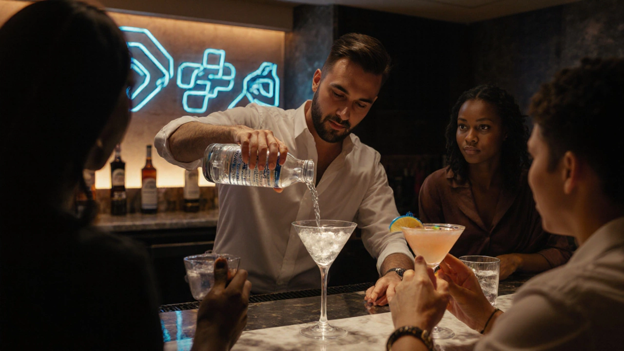 A bartender pours vodka into a martini glass while guests taste drinks in a stylish lounge.
