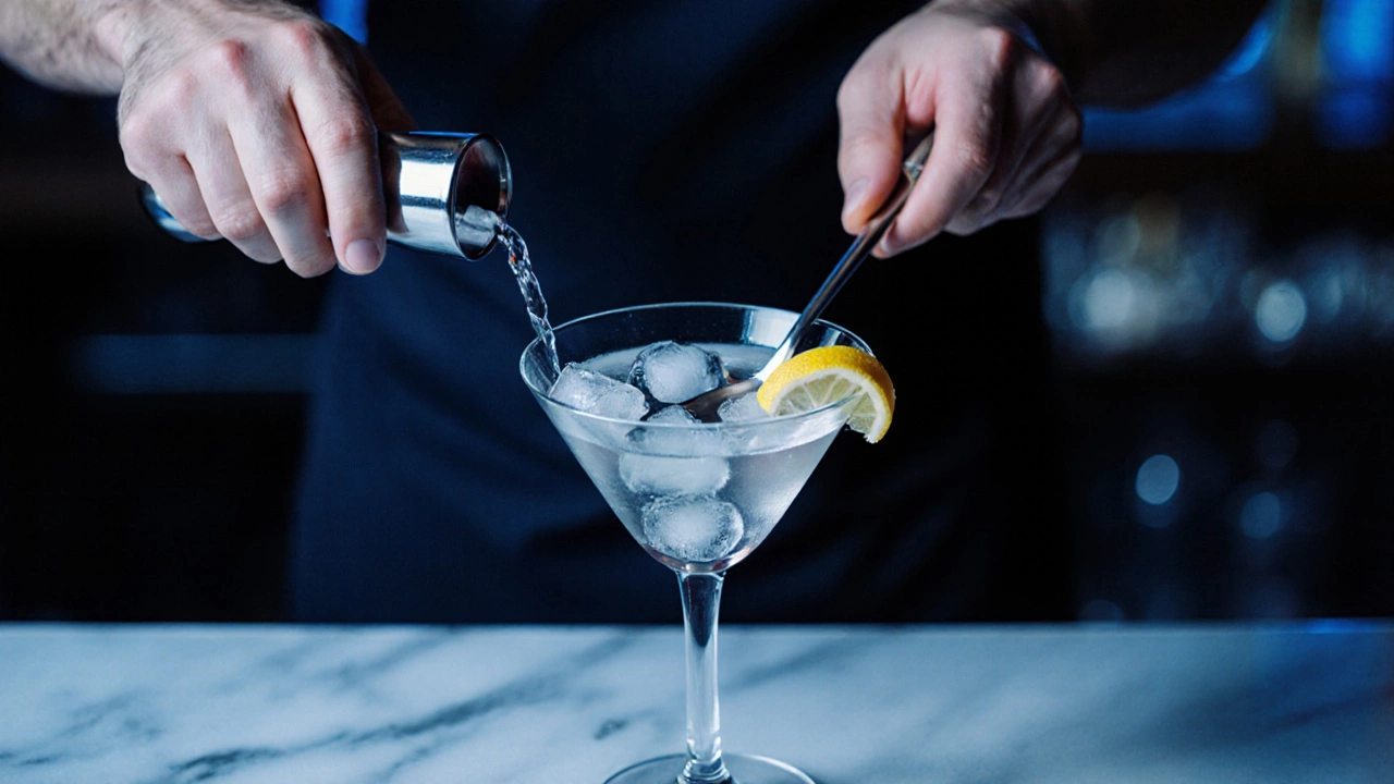 Bartender's hands stirring a Martini in a mixing glass, ice and lemon twist nearby.
