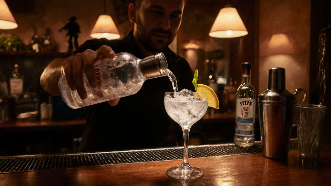 Bartender mixing a vodka cocktail at a home bar.