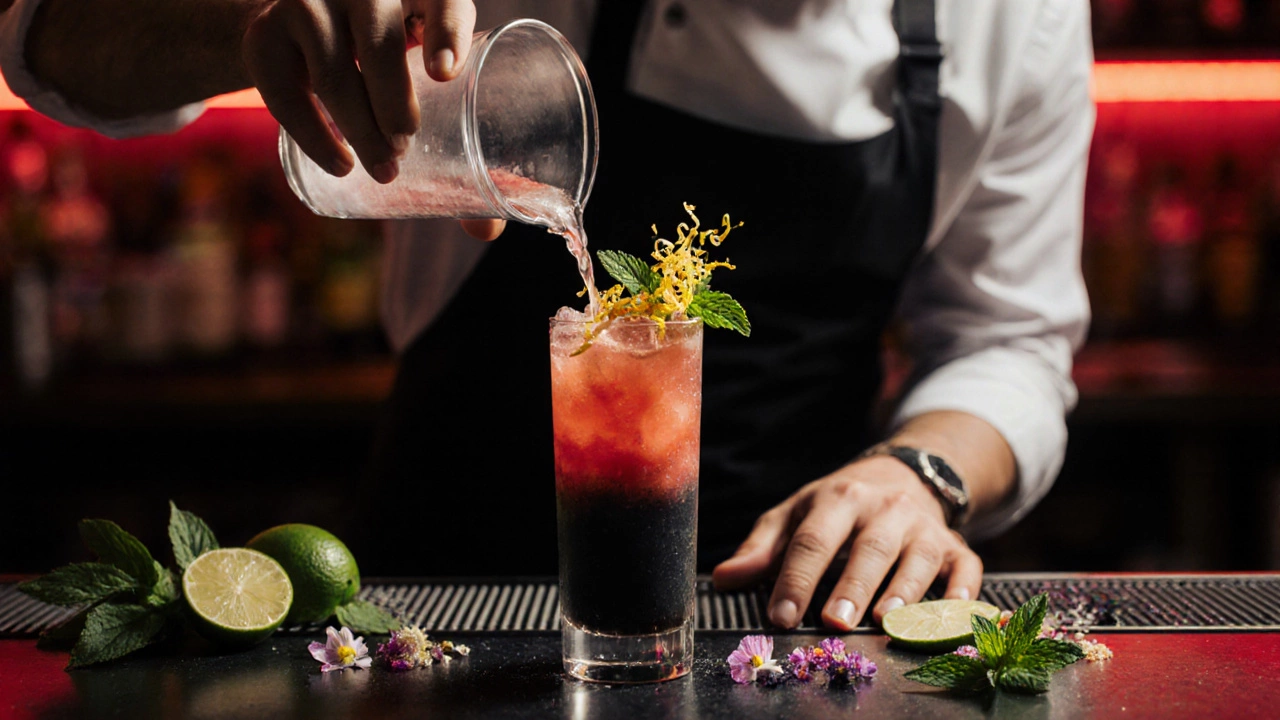 Bartender shaking and pouring a vibrant layered cocktail with charcoal and fruit garnish.
