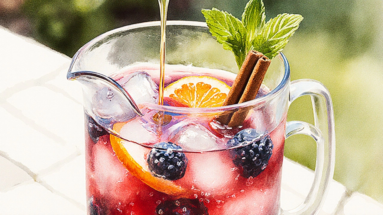 Berry sangria mocktail pitcher with berries, orange, ice, honey drizzle, and mint garnish.