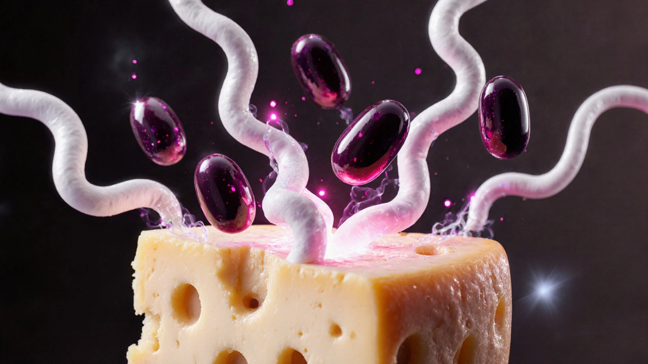 Close-up view of wine tannin molecules binding to cheese proteins.