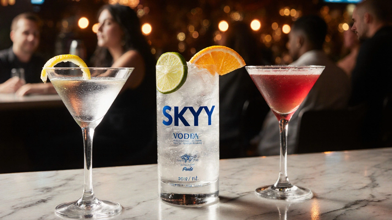 Cocktail bar scene with martini, vodka tonic, and cosmopolitan made with Skyy vodka.