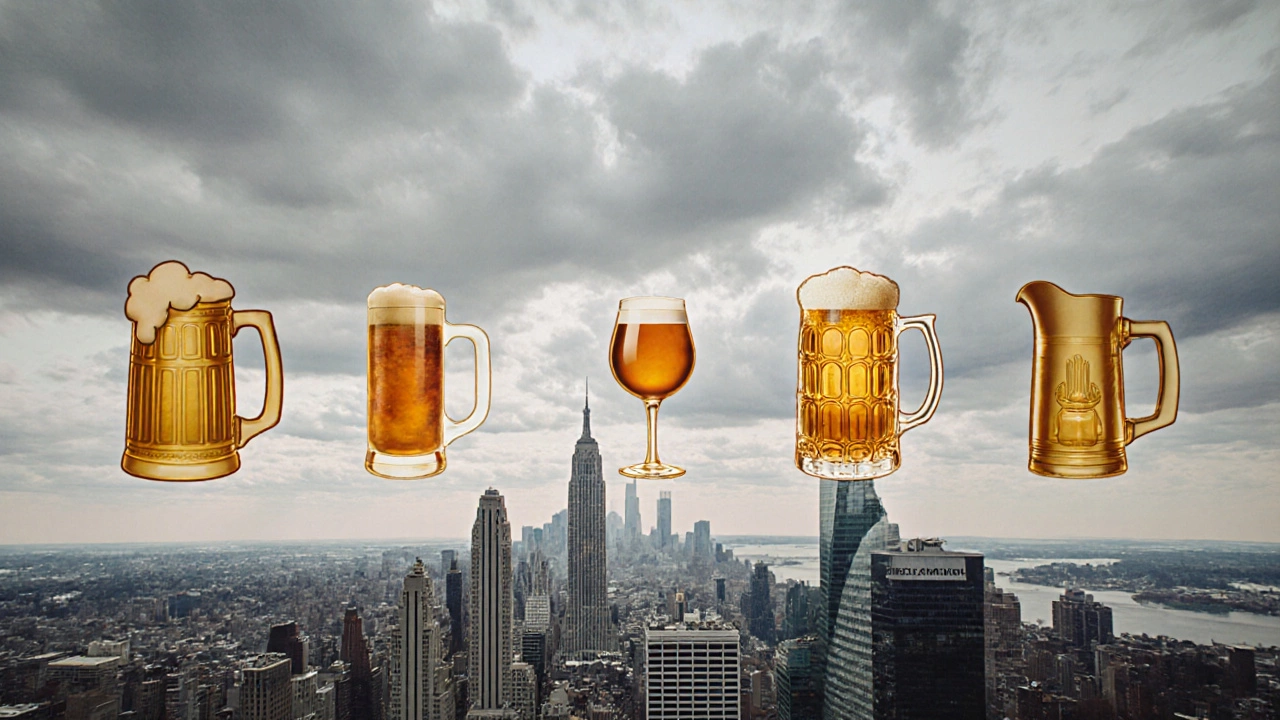 Collage of five US city skylines each paired with their main alcoholic beverage.