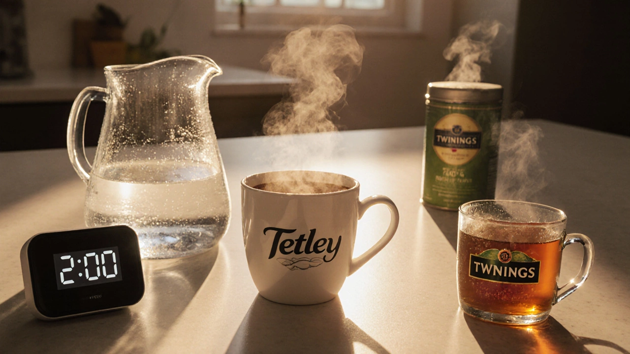 Cozy kitchen counter with Tetley tea mug, filtered water pitcher, timer, and storage tin at sunrise.