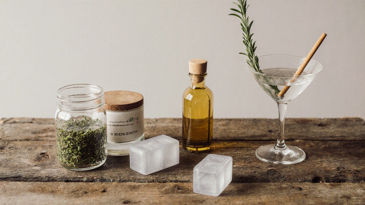 Eco‑friendly cocktail kit with reusable ice molds, herbs, and sustainable glassware.