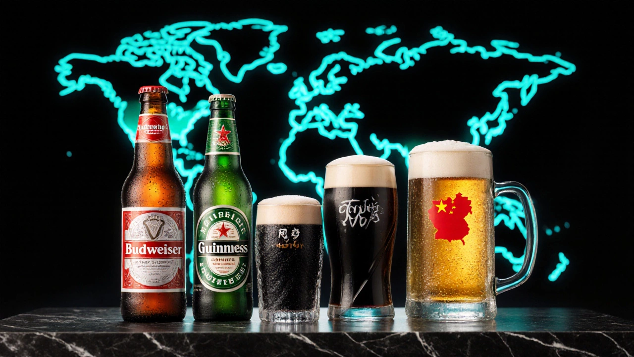 Five top beers displayed on marble with soft backlight highlighting each bottle.