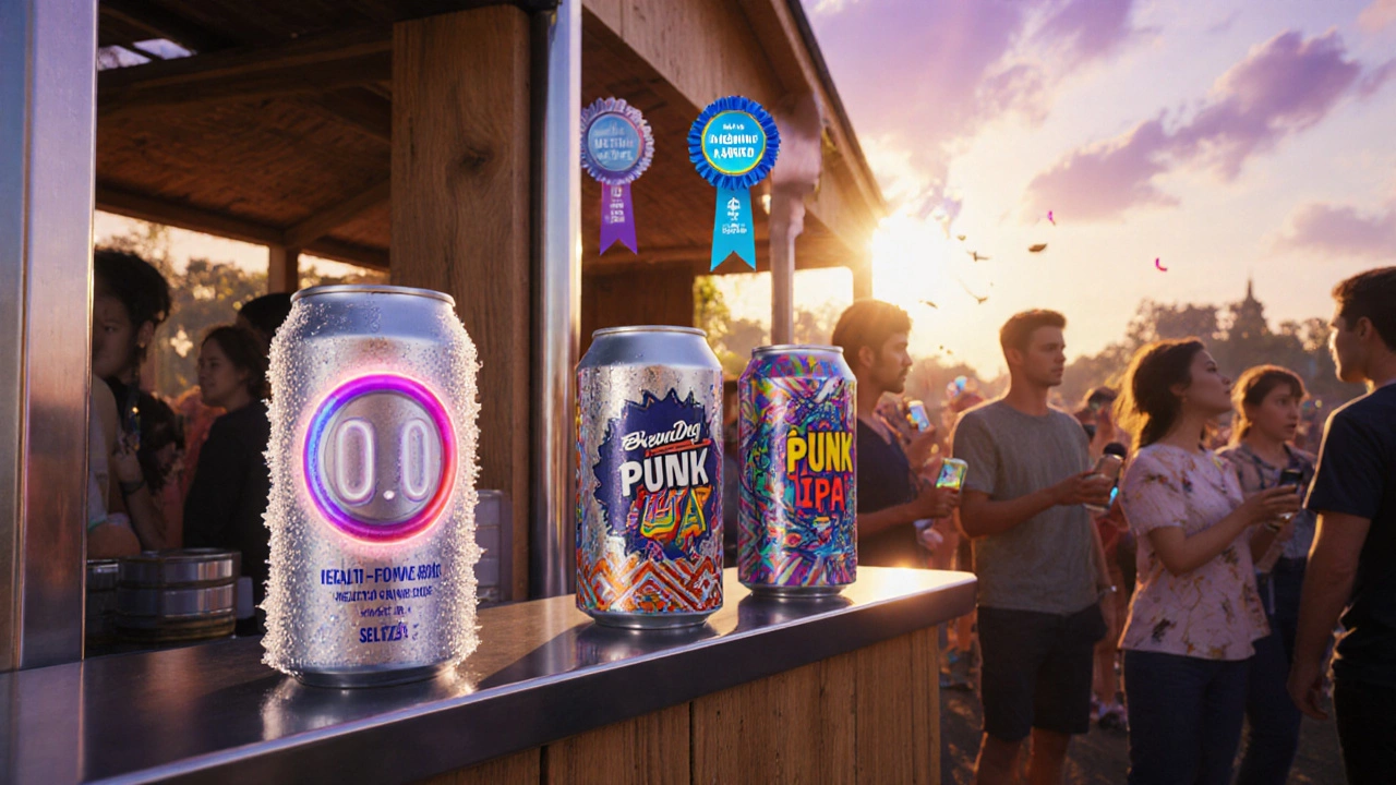 Futuristic festival pavilion showcasing seltzer and craft IPA cans at sunset.