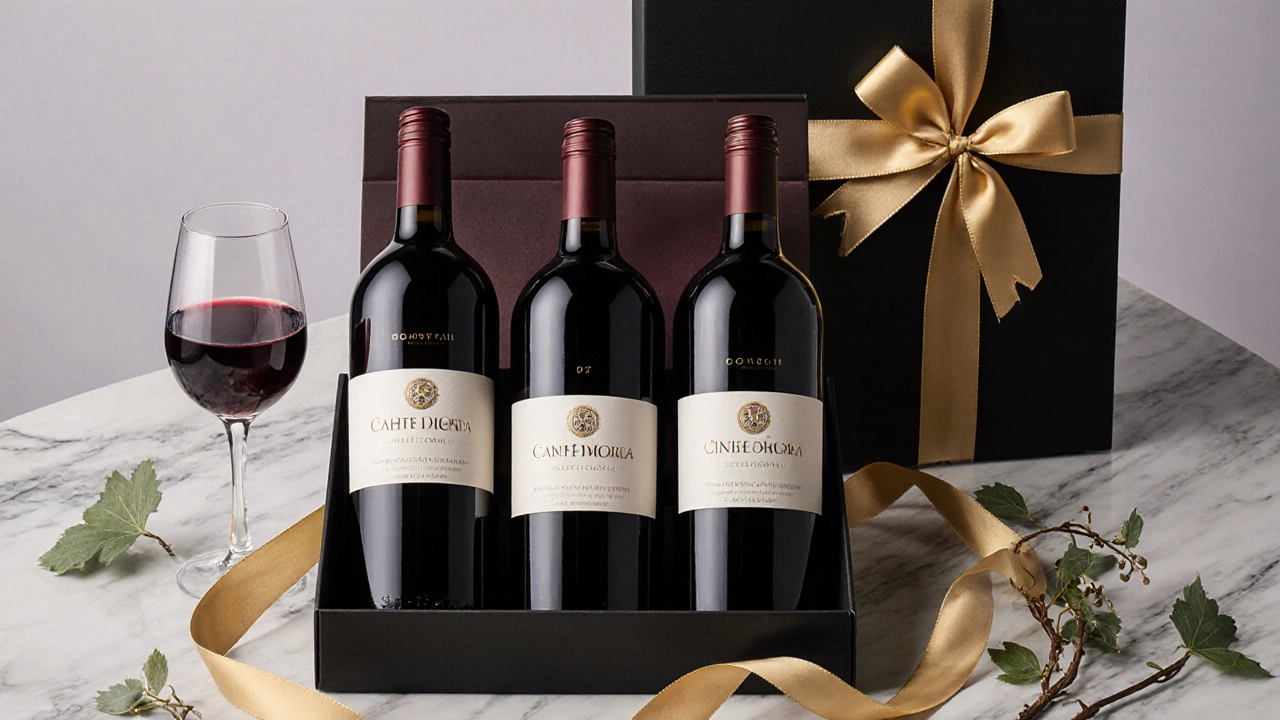 Gift‑ready three‑bottle set in a black box with gold ribbon on marble.