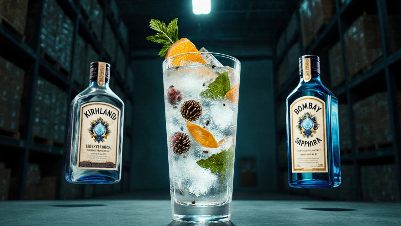 Gin & Tonic with floating botanicals and competing brand labels in vintage illustration style.