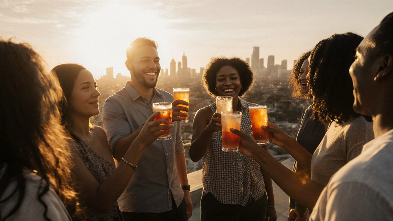 Group of people enjoying non-alcoholic drinks at a sunset rooftop gathering, smiling and connected.
