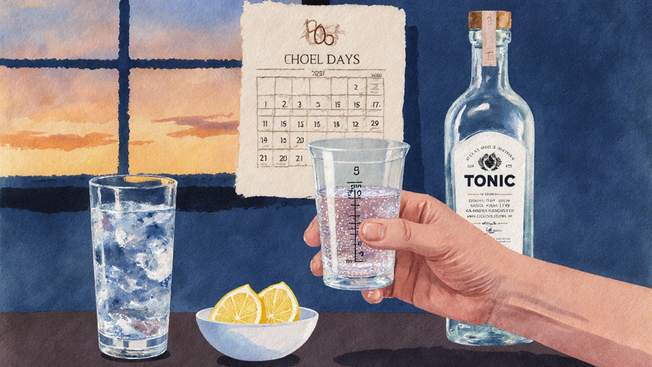 Hand holding a jigger of gin beside water, lemon, and a calendar showing rest days.