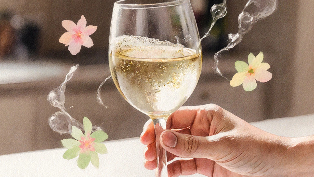 Hand swirling white wine glass with aroma wisps illustrated.