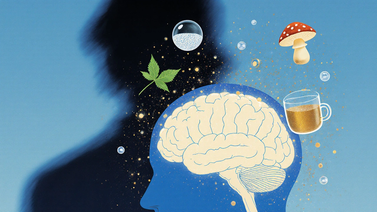 Human brain glowing with calm neural patterns, surrounded by symbols of relaxation like a mushroom and tea leaf.