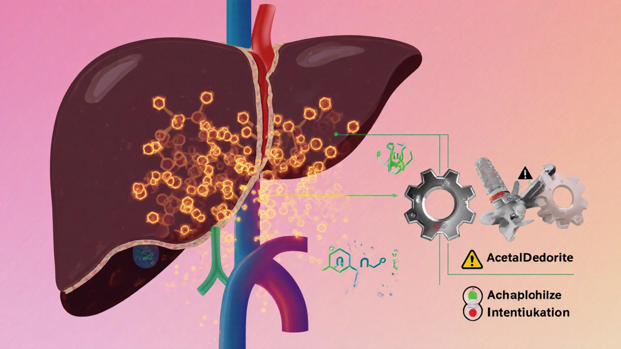 Illustrated liver cells processing ethanol with ADH and ALDH enzymes.