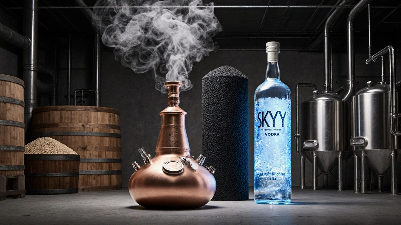 Illustration of copper still, charcoal filter, and frozen tank representing Skyy vodka production.
