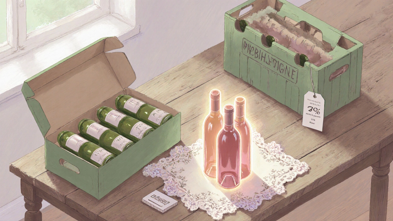 Illustration of full case, half‑case, and highlighted three‑bottle pack on a kitchen table.