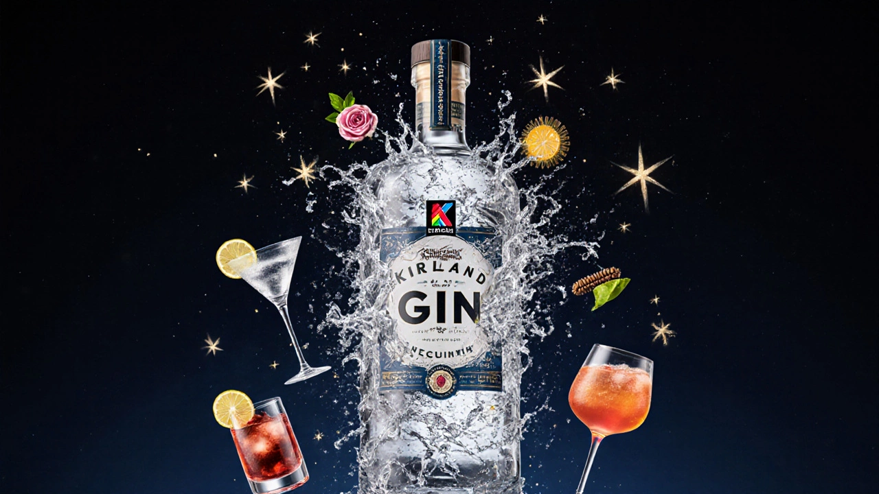 Kirkland gin bottle opening to release botanicals forming floating cocktails in a dark night sky.