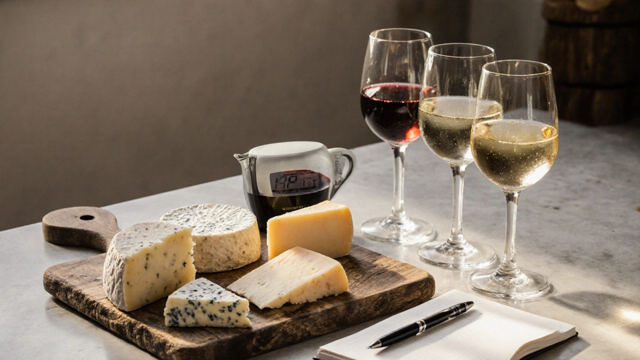 Modern kitchen tasting setup with cheeses, wine glasses, thermometer, and notebook.