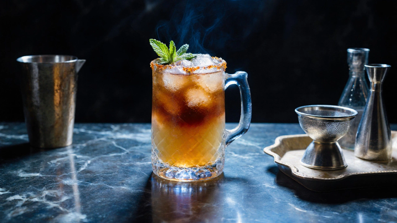 Night‑time bar with a finished Zombie cocktail, rum float, mint garnish, and organized tools.