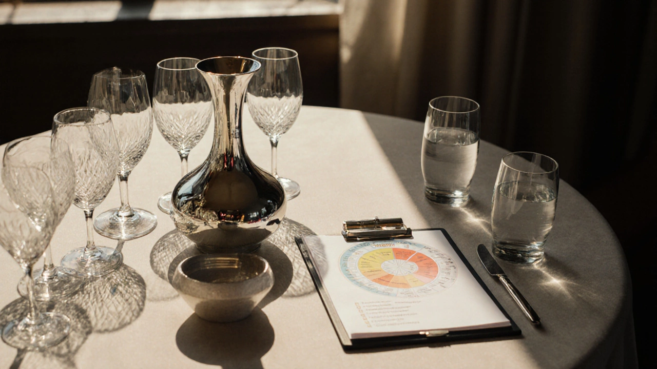 Overhead view of a table with glasses, decanter, spittoon, aroma wheel, and checklist.