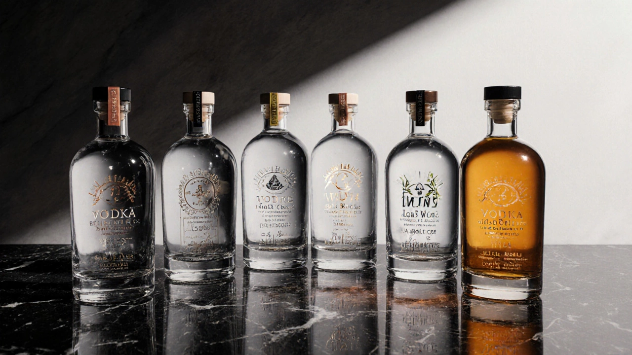 Six vodka bottles displayed together on a marble surface.