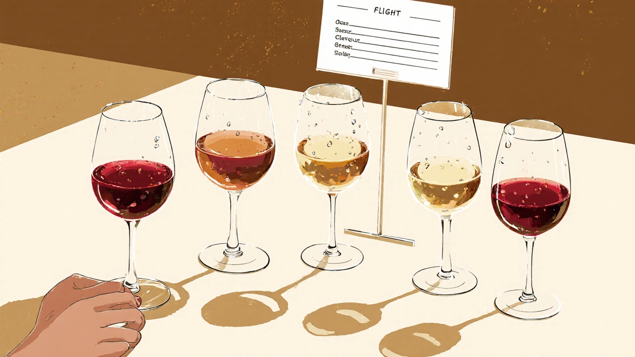 Six wine glasses in a semicircle, each holding a tasting pour of wine.