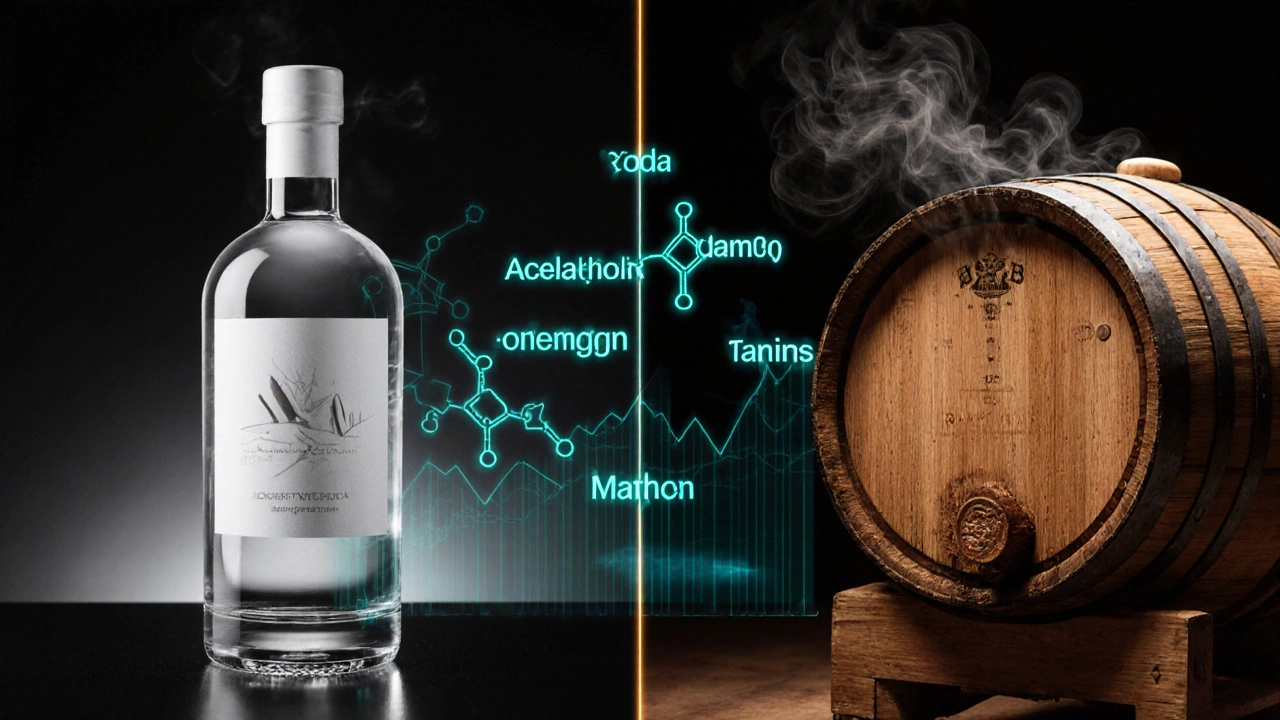 Split illustration comparing low‑congener vodka and high‑congener bourbon with chemical structures.