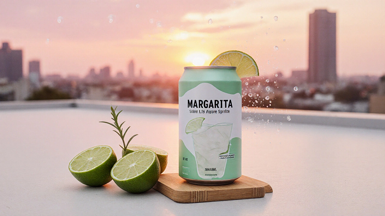 Stylized canned Margarita with limes on a rooftop at sunset.