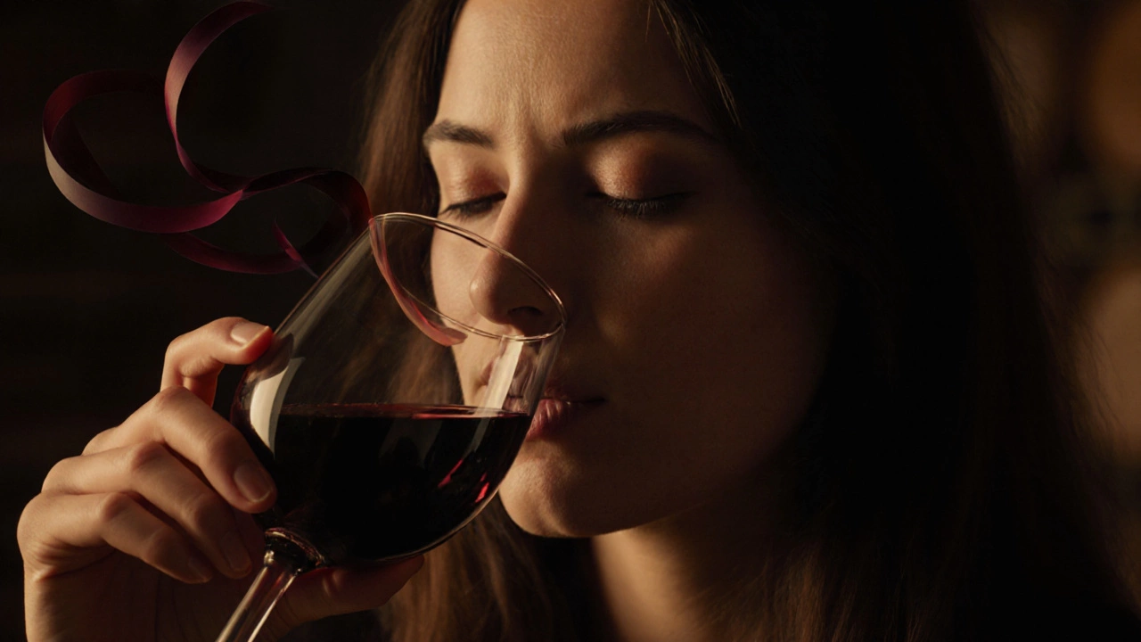 Taster sipping red wine with lingering flavor ribbons.