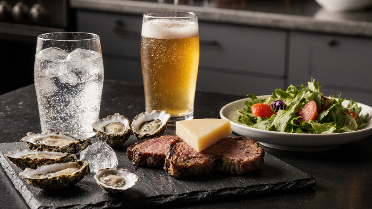 Three drink and food pairings: sparkling water with oysters, cider with pork, spritzer with salad.