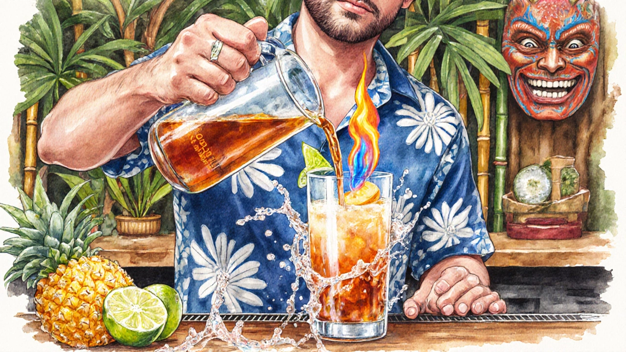 Tiki bar scene showing a bartender floating ignited overproof rum atop a Zombie cocktail.