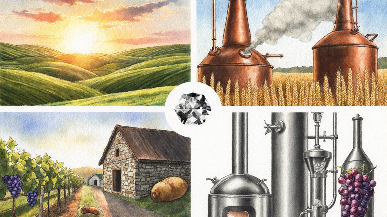 Watercolor panels show wheat fields, rye, potatoes, grapes, and copper distillation equipment.