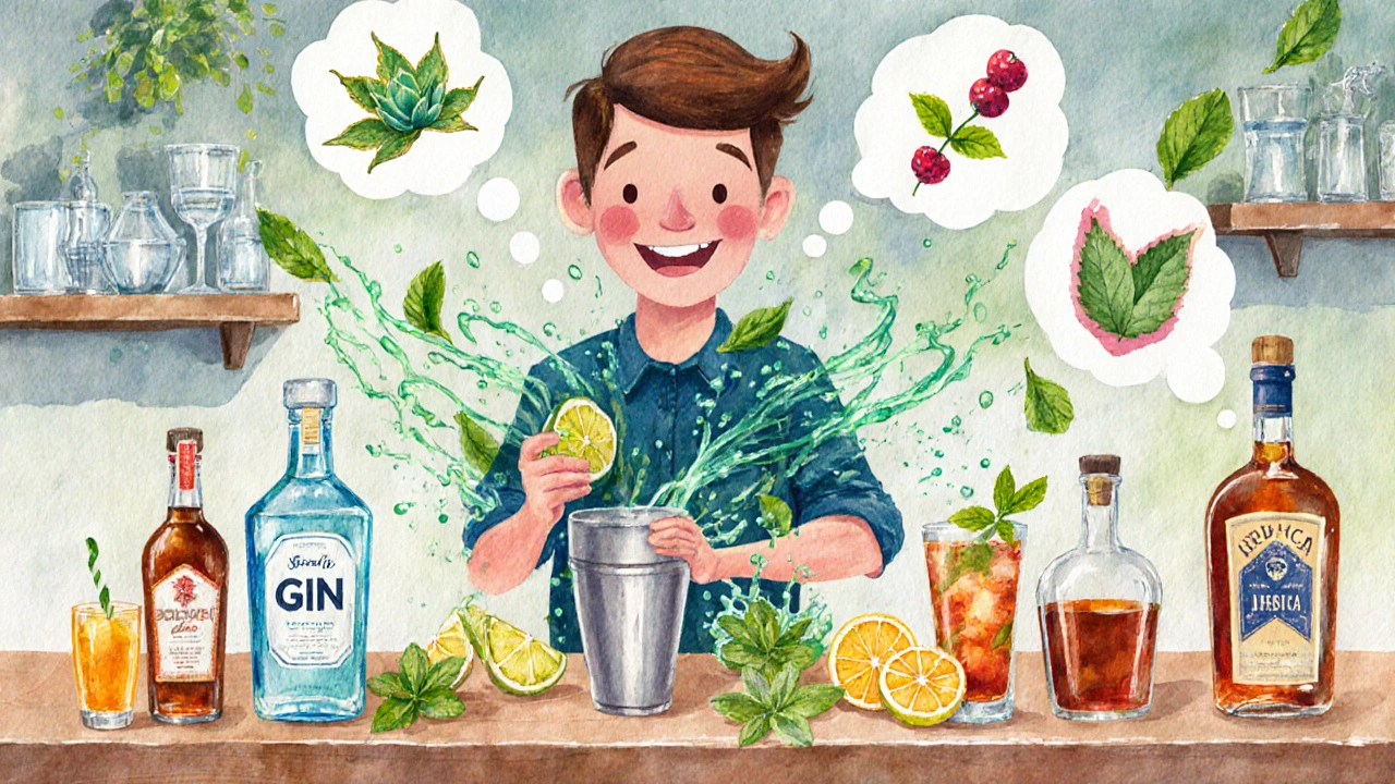 Watercolor scene of a novice experimenting with various spirits and fresh ingredients at a home bar.