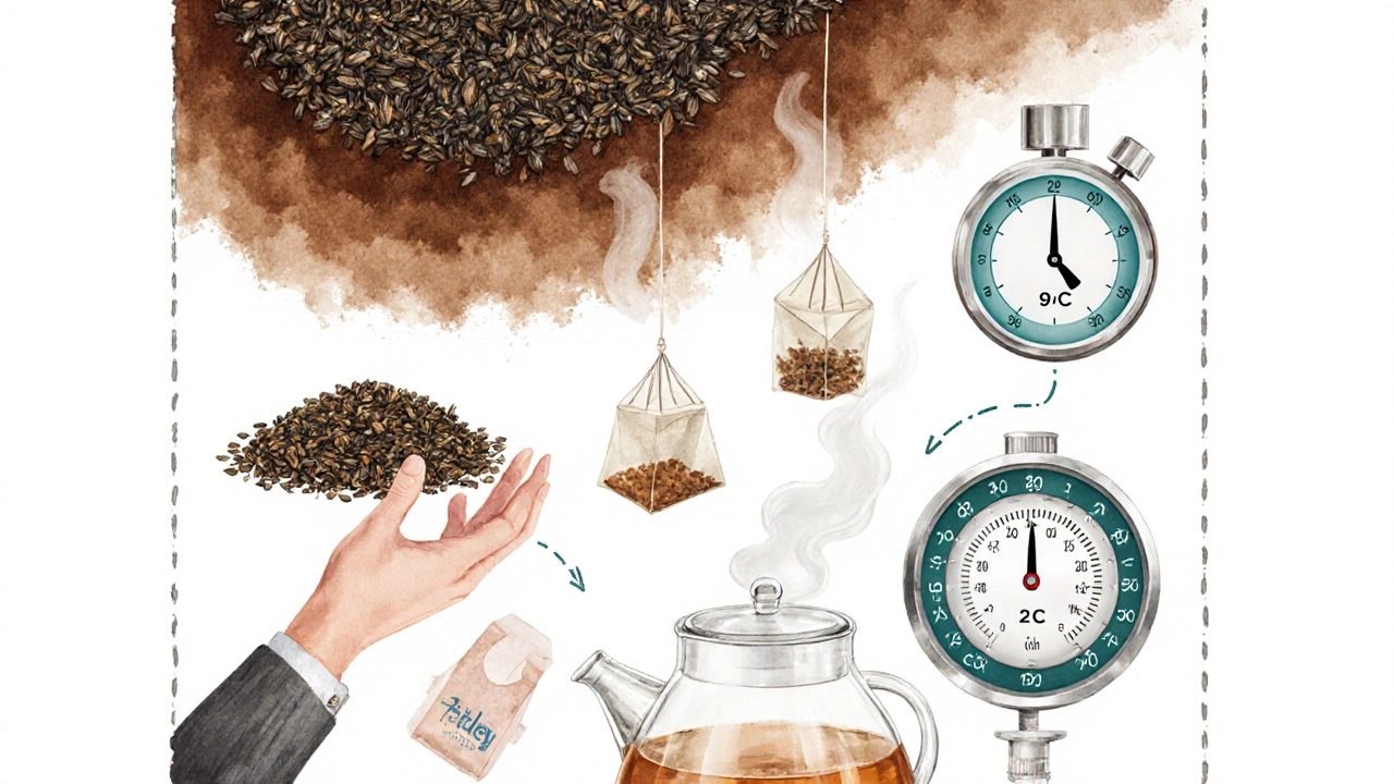 Watercolor scene showing oxidation, blending, tea bags, kettle at 92 °C, and a two‑minute timer.