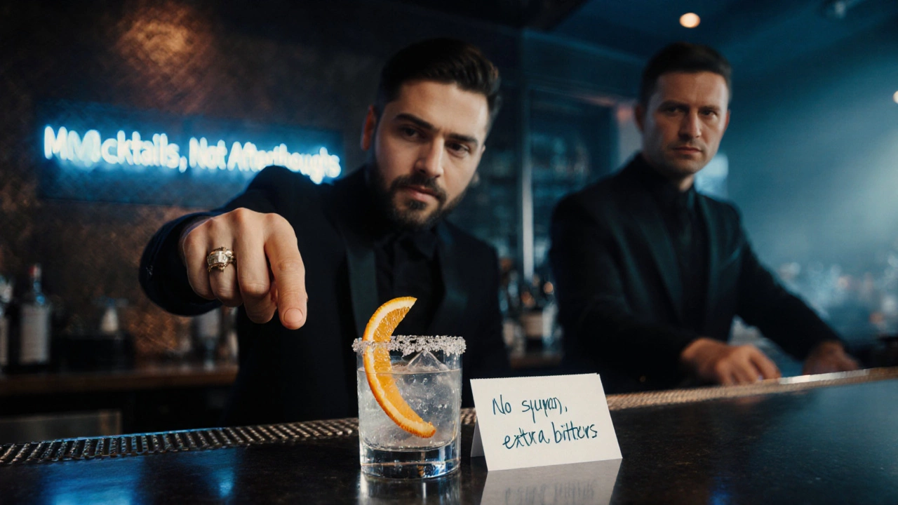 A customer and bartender exchanging a knowing look as a well-made mocktail is prepared with care.
