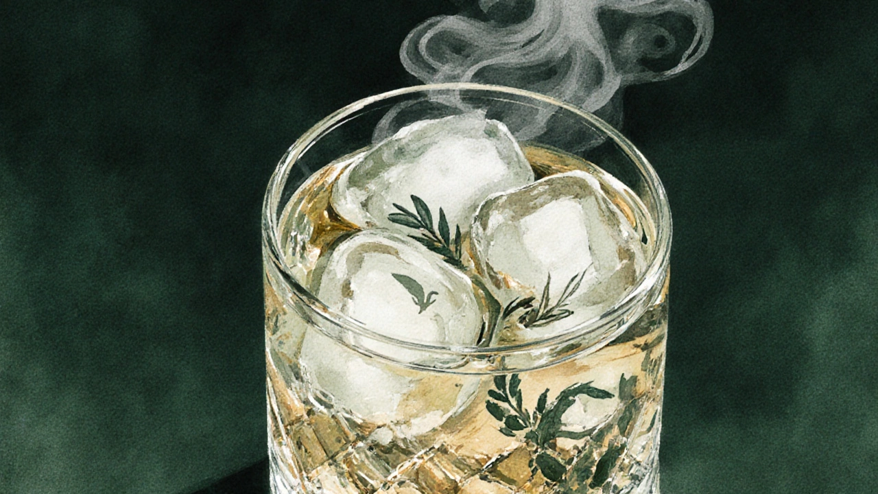 A glass of Monkey 47 gin on ice with steam rising, botanicals subtly visible in the liquid.