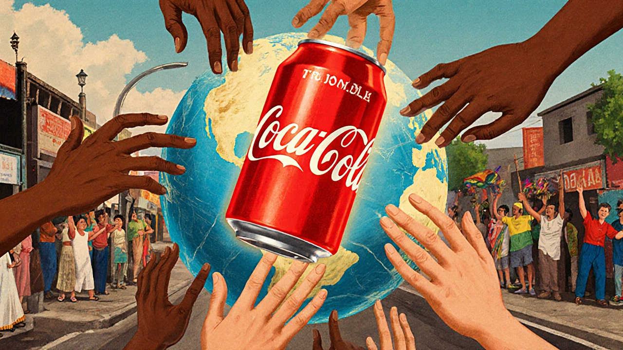 A glowing red Coca-Cola can being passed among people from different cultures around the world in celebratory moments.