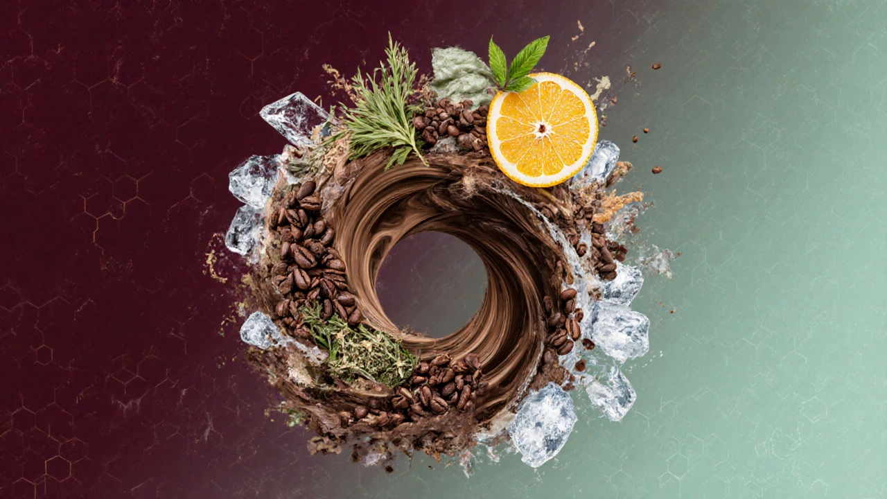 Abstract swirl of flavor elements like citrus, coffee, and ice, symbolizing personal taste over gender.