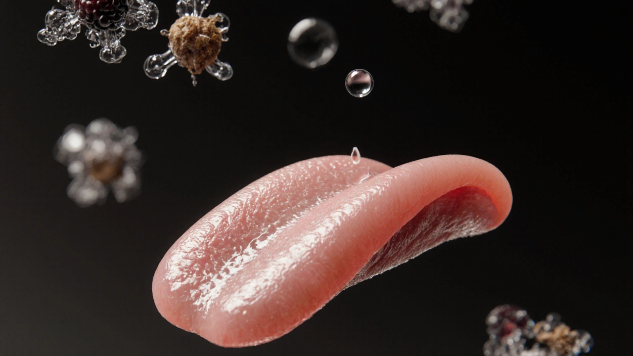 Close-up of a clean, hydrated tongue with wine aroma molecules floating above.