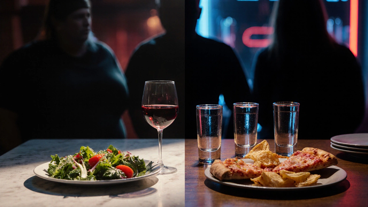 Contrasting tables: wine with healthy food vs. spirits with junk food, illustrating lifestyle impact on weight.