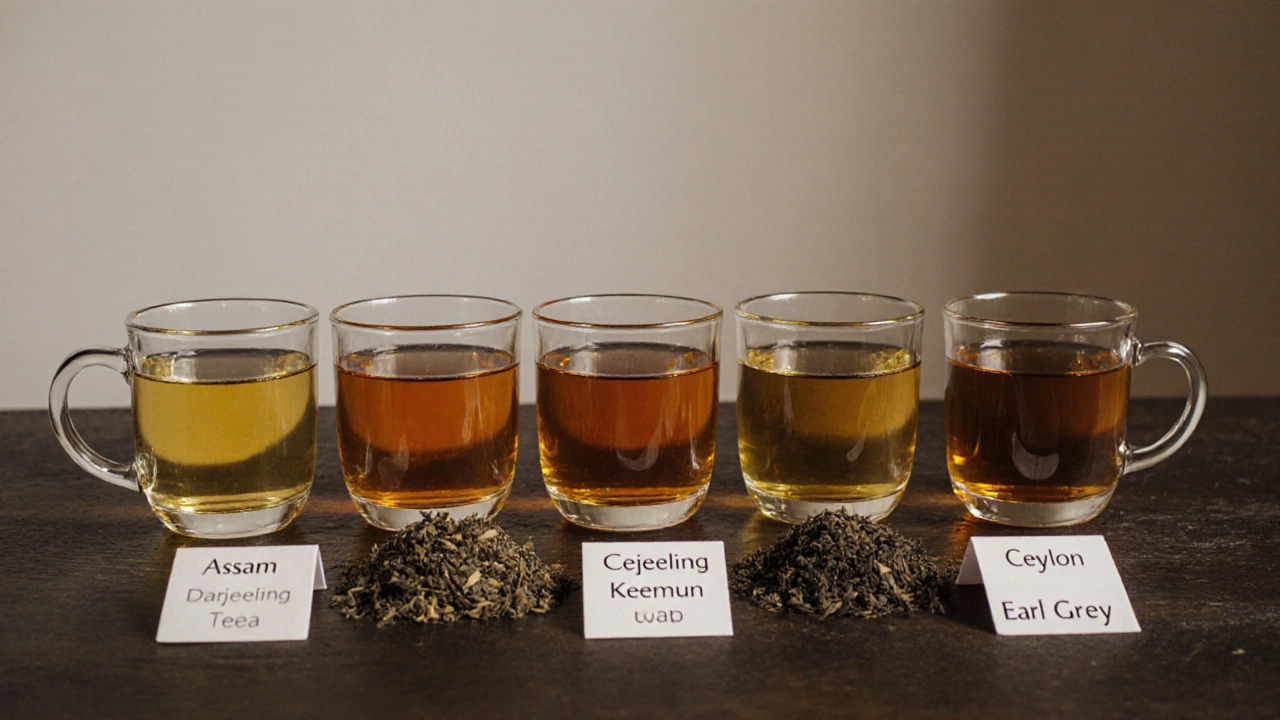 Five teacups with different colored liquors beside labeled dry tea leaves on dark wood.