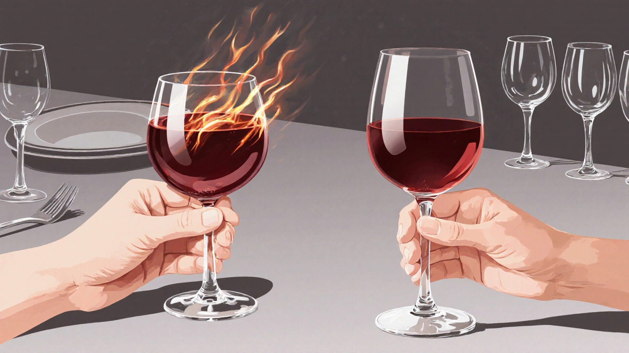 Hand holding wine glass by the bowl versus holding by the stem to preserve temperature.