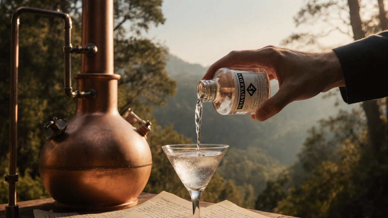 Hand pouring Monkey 47 into a martini glass, with forest and copper still blurred in background.