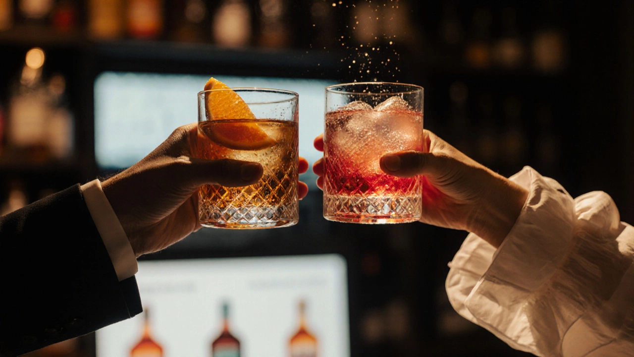 Hands of different styles holding distinct cocktails—Old Fashioned and Negroni Sbagliato—side by side.