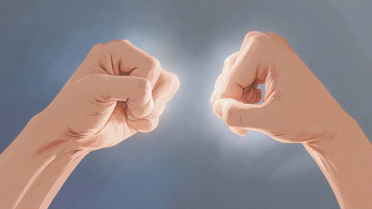 Hands showing contrast between clenched fist and relaxed palm during muscle relaxation technique.