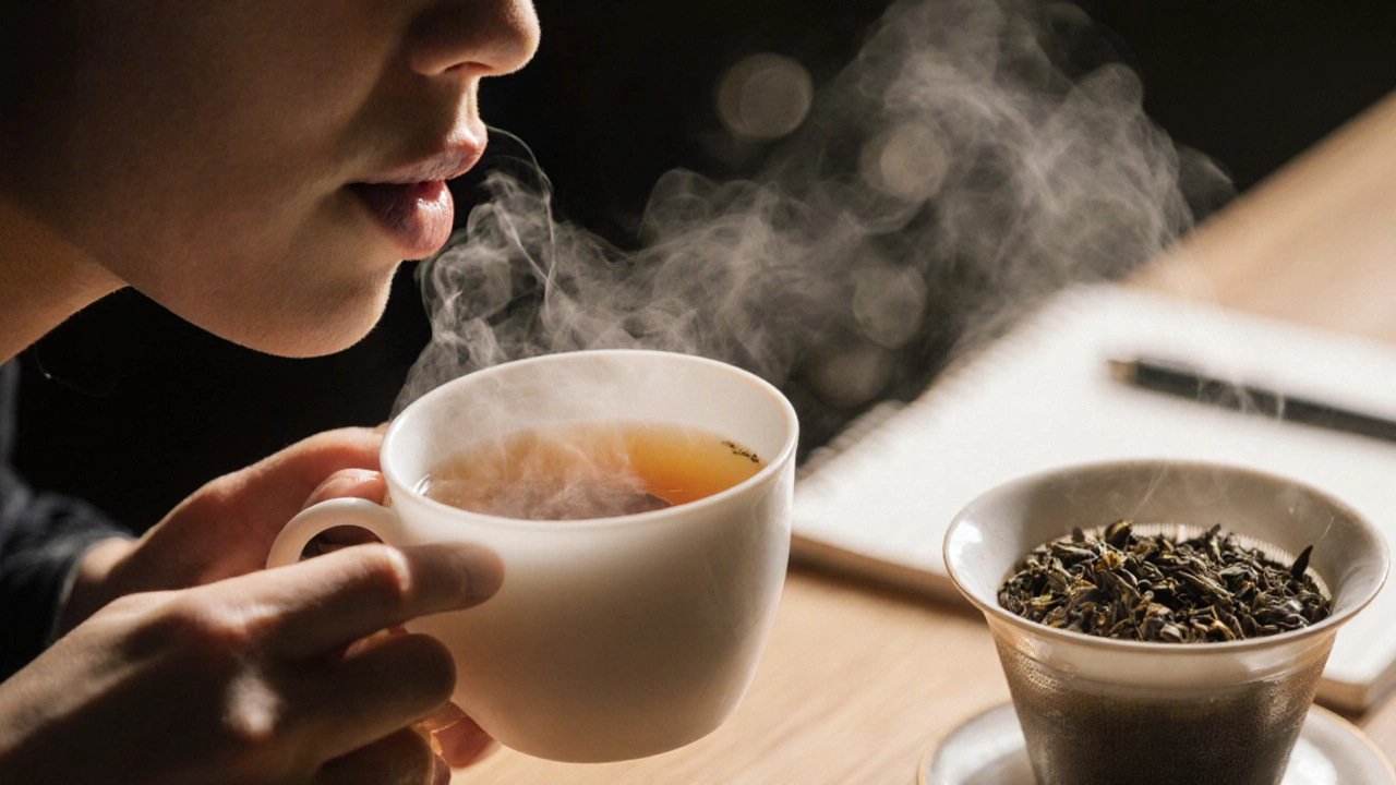 Hands slurping tea from a white cup, steam rising, wet leaves in infuser nearby.