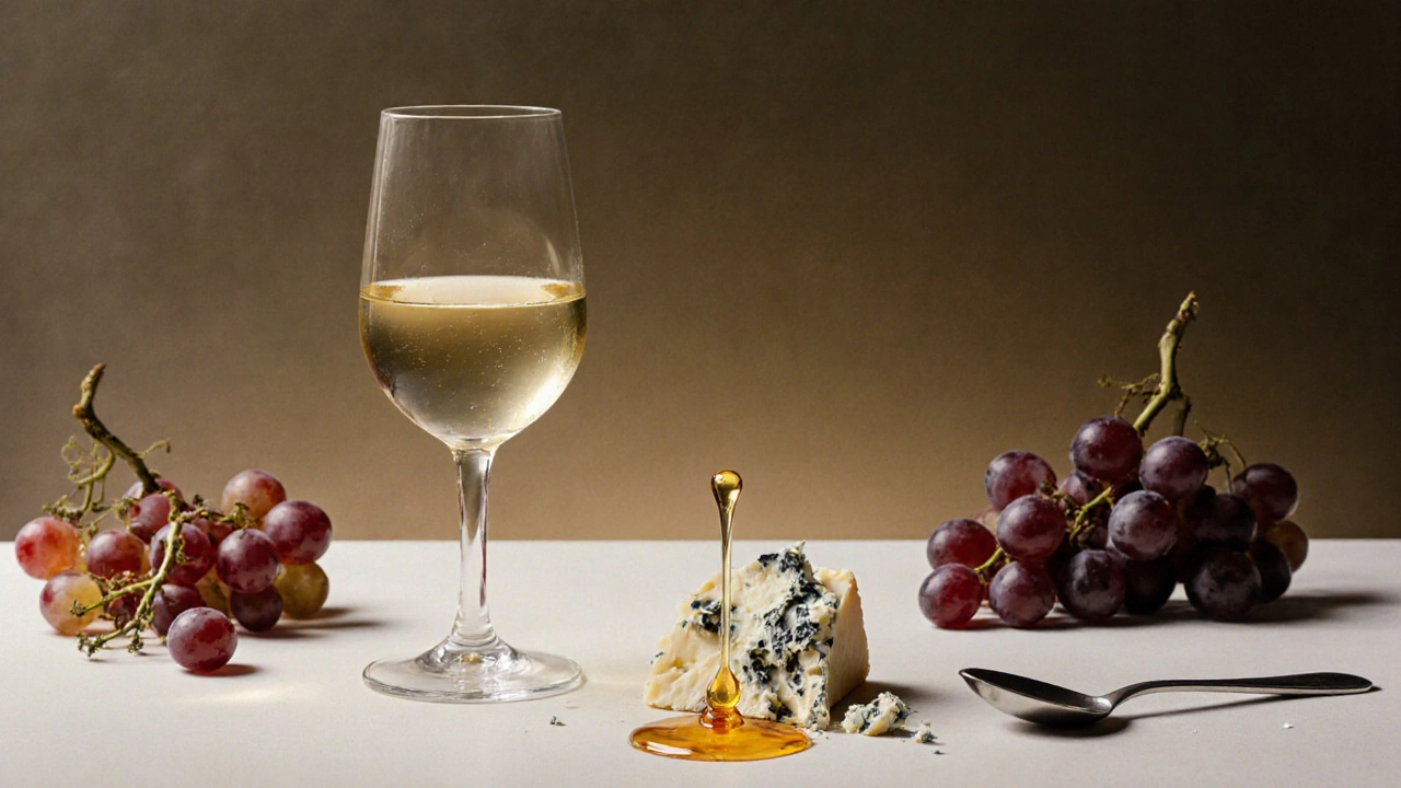 Late-harvest Riesling and Gorgonzola with a drop of honey on a spoon.