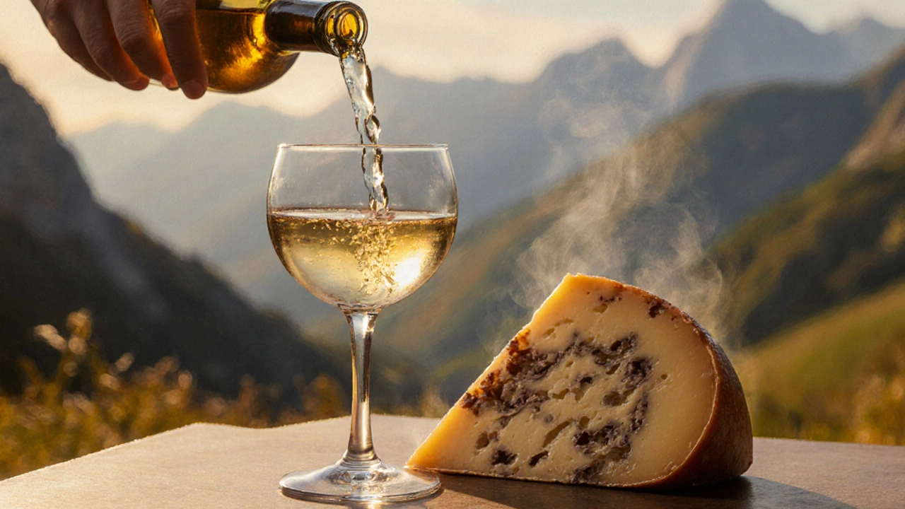 Oaked Chardonnay being poured beside aged Comté cheese with warm golden lighting.