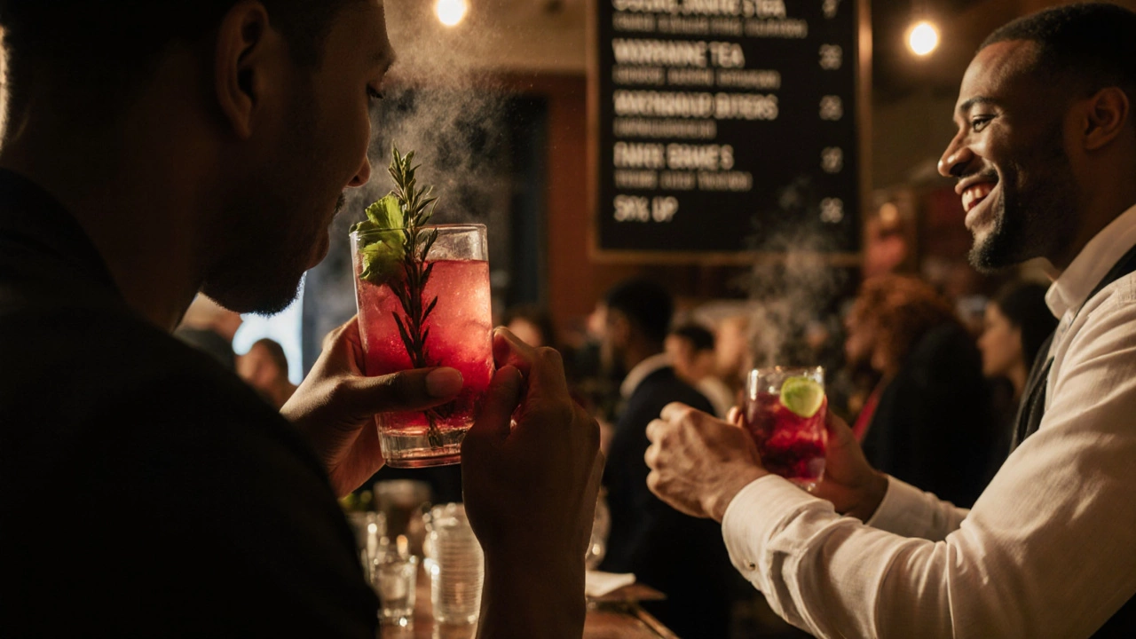 Patrons enjoying mocktails with artisanal ingredients in a modern bar setting at night.